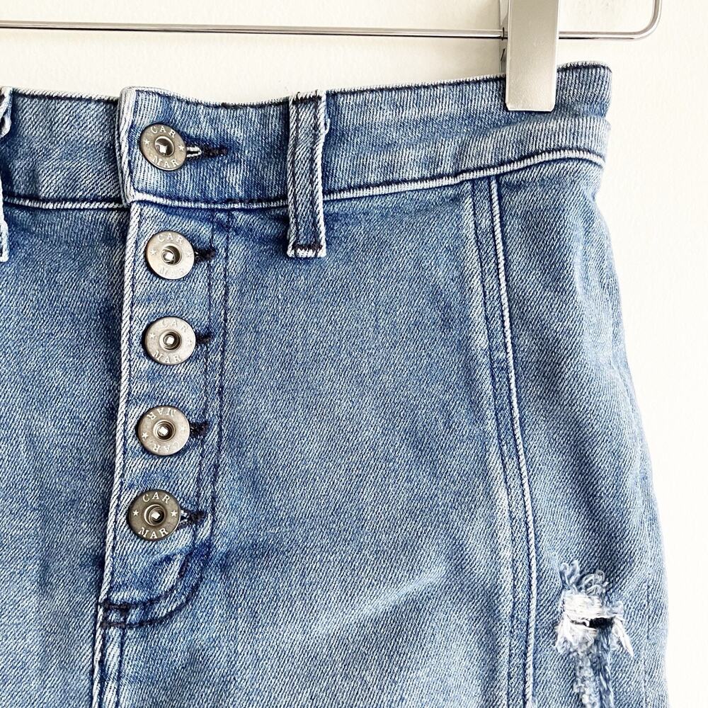Carmar 28 High Waisted Jean Shorts Exposed Button Fly Blue Denim Distressed - Picture 2 of 7
